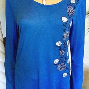 NY Collection Blue Embroidered Blouse